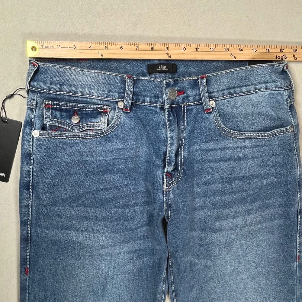 New True Religion Geno Big T Flap Jeans Men 33 Blue Relaxed Slim Red Stitch NWT